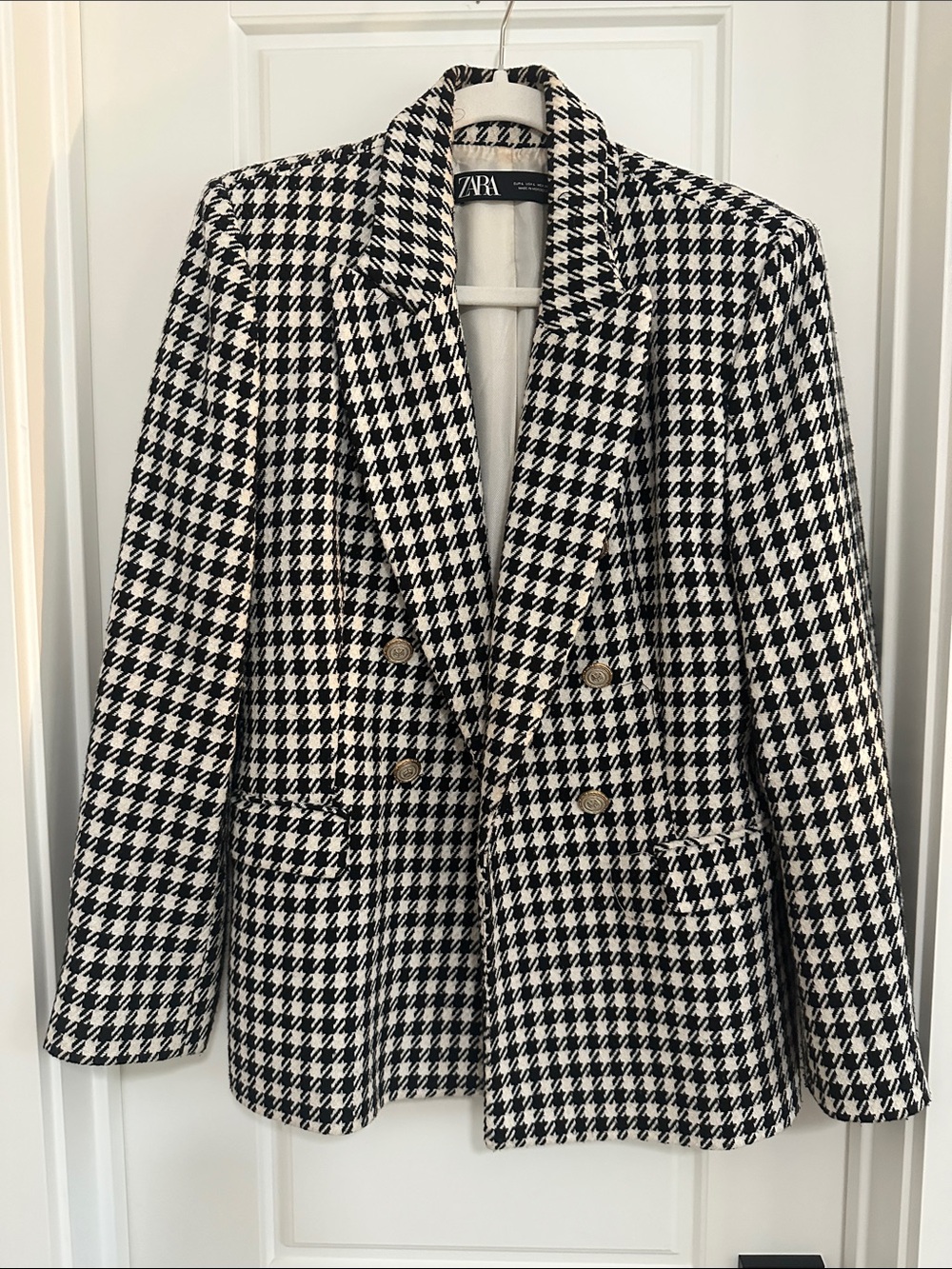 Zara Black & White Houndstooth Double-Breasted Blazer Jacket